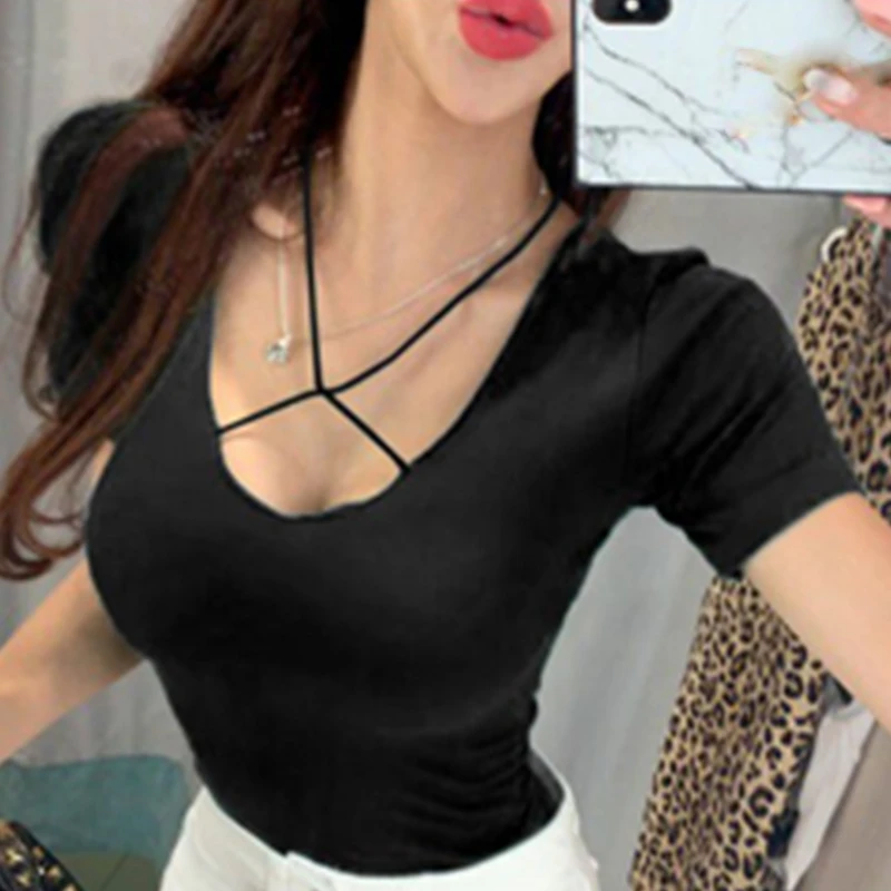 Новый летний топ Сексуальная футболка Женская эластичная Женский в Корейском