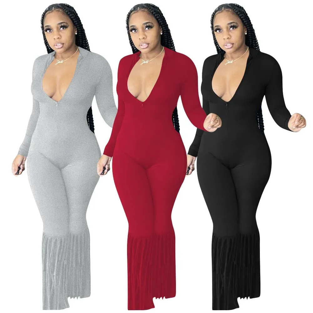 

Somoshein S-2xl Sexy Women Jumpsuits Ladies Front Chest Zipper V Neck One Piece Rompers Tassle Playsuit Wholesale Dropshipping