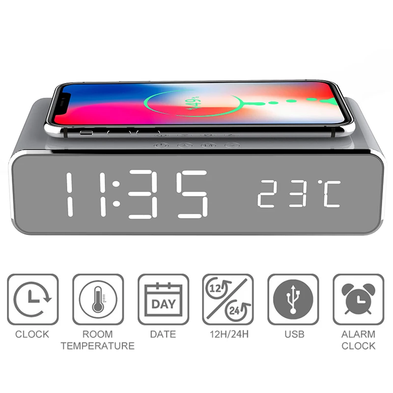 

New LED Electric Alarm Clock With Phone Charger Wireless Desktop Digital Thermometer Clock HD Clock Mirror With Time Memory