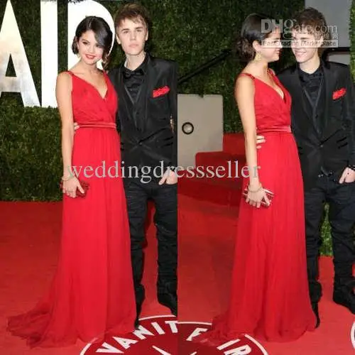 

free shipping 2020 vestidos formales long selena gomez red dress at oscar party deep v-neck sexy floor length Celebrity Dresses