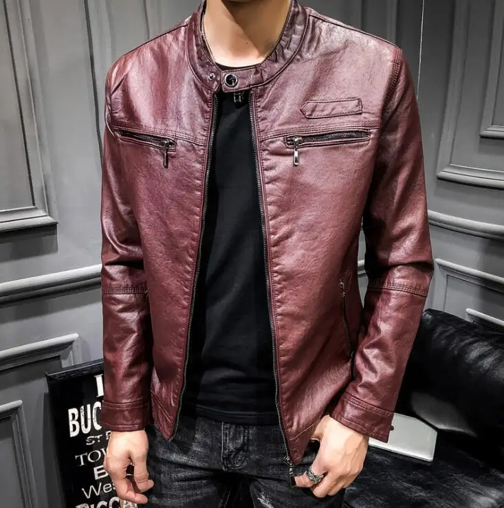 Autumn mens leather jacket slim thin motorcycle coat men jackets velvet clothes spring jaqueta de couro street fashion wine red