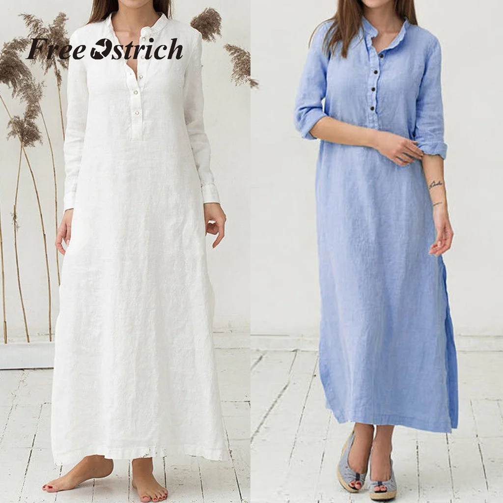 Женское длинное платье рубашка повседневное хлопковое с длинными рукавами и