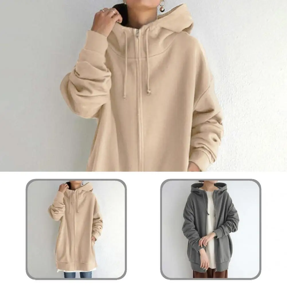 

Long Stylish Cardigan Zipper Fly Lady Hoodie All Match Women Coat Solid Color for Winter