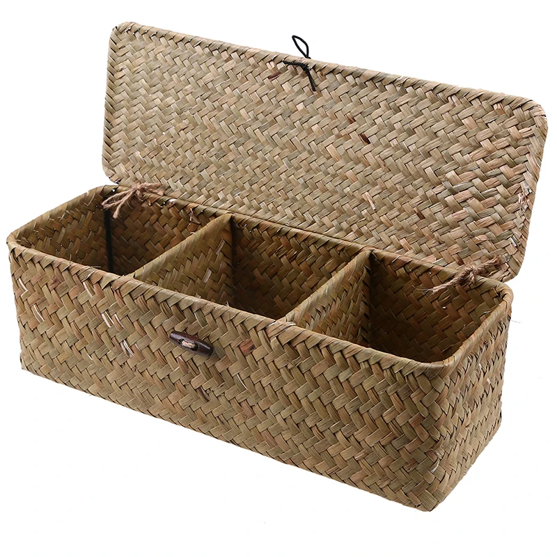 

3 Slot Straw Storage Boxes with Cover Rattan Home Storage Box Retro Cosmetics Jewelry Gadgets Display Baskets Organization