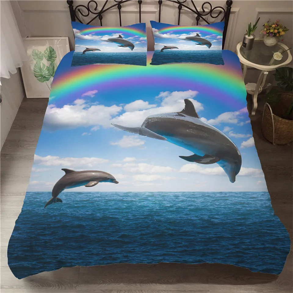 

Комплект постельного белья для мальчиков, набор с пододеяльником и 3D-принтом синего дельфина, с рисунком морских животных, королевский комп...