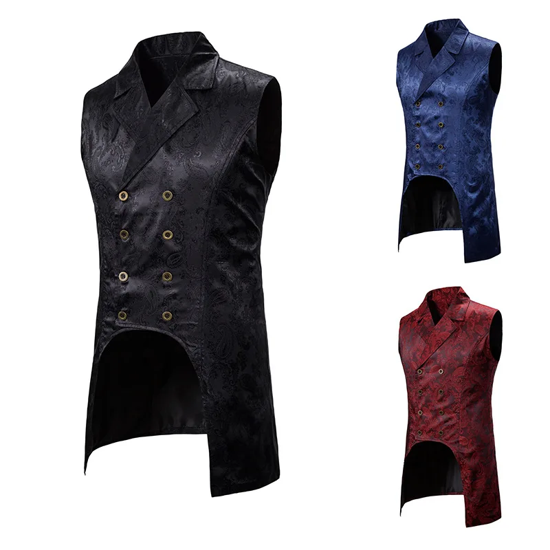 Wine Red Paisley Jacquard Long Vest Men Double Breasted Lapel Brocade Waistcoat Mens Gothic Steampunk Sleeveless Tailcoat | Тематическая