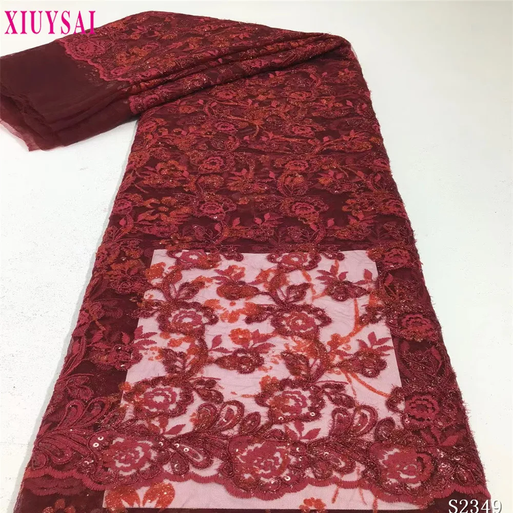 

Новинка 2021, винно-красный Африканский французский тюль, кружевная ткань, высокое качество, многоцветные блестки, вышивка, сетчатая кружевна...