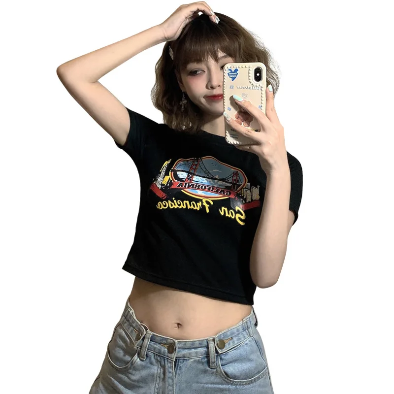 

South Korea Korean Version of Short Short-sleeved Women's T-shirt Round Neck Cartoon Printing Show Thin Navel Foreign Trade