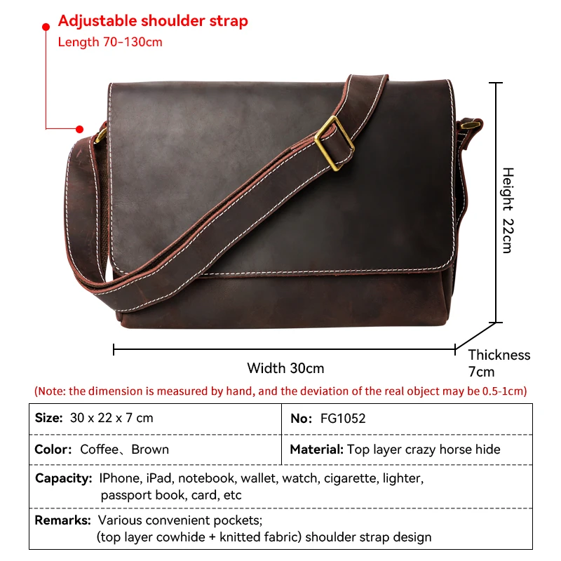 Handmade leather men's bag Vintage men's briefcase Large Capacity Office Shoulder Bag Ipad Men's handbag