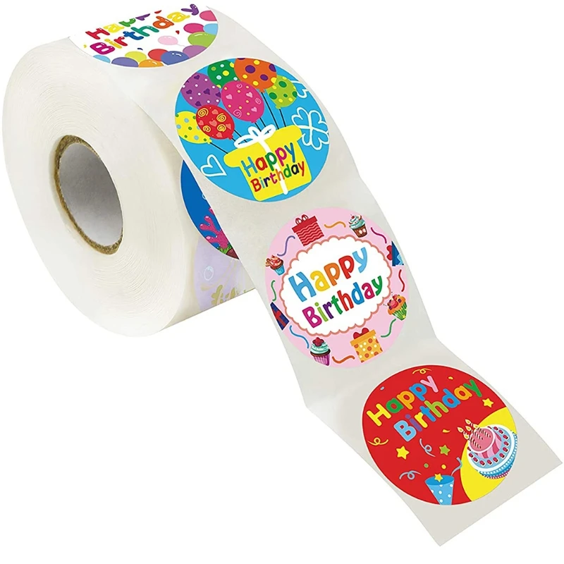 

500pcs Happy Birthday Stickers Colorful Balloon Cake Round Seal Labels for Party Gift Packaging Scrapbooking Cards Decoration