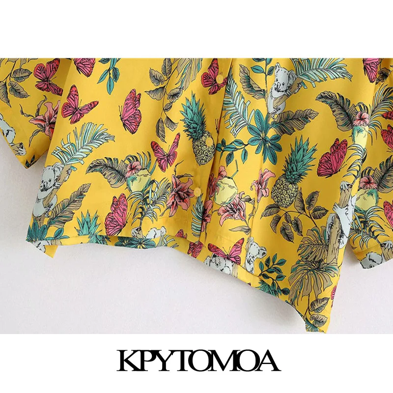 

KPYTOMOA Women 2020 Fashion Animal Print Loose Cropped Blouses Vintage Short Sleeve Button-up Female Shirts Blusas Chic Tops