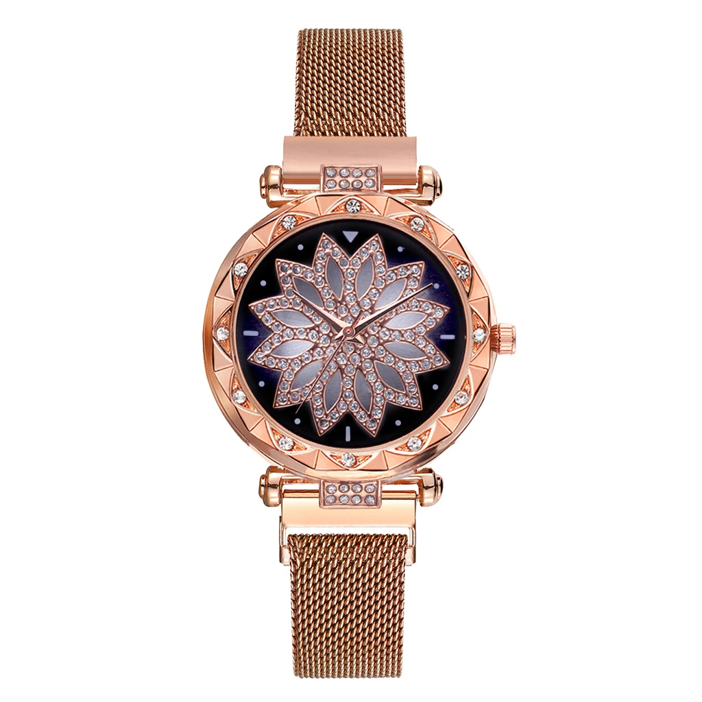 Rose Gold Luxus звездное небо Frauen Uhren кварц магнит сетка розовое золото Lila Klassische Mode Диамант Relogio Feminino Wasserdicht Geschenk - Цвет: Rose Gold