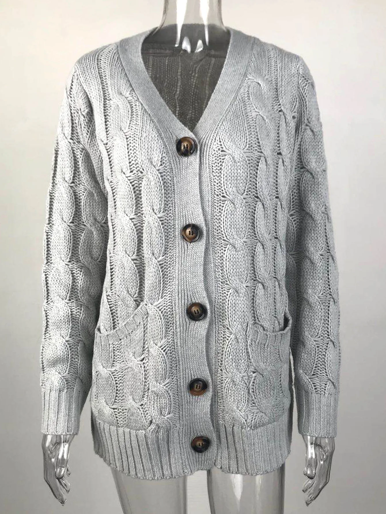 

Autumn Ladies Twist Pattern Single Breasted Knitted Cardigan Casual Black Loose Womens Winter Clothing Dames Trui Lange Mouwen