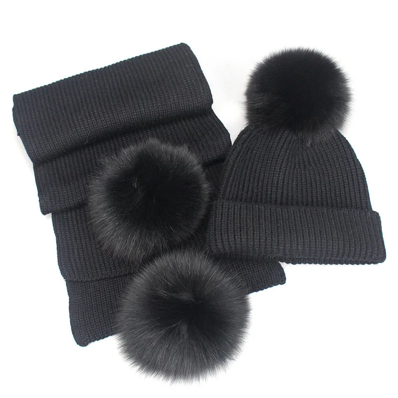 

Зимняя шерстяная шапка для женщин, шапочки с помпоном из лисьего меха, шапочки, набор шарфов, толстая теплая кашемировая шапка, шапка из 100% н...