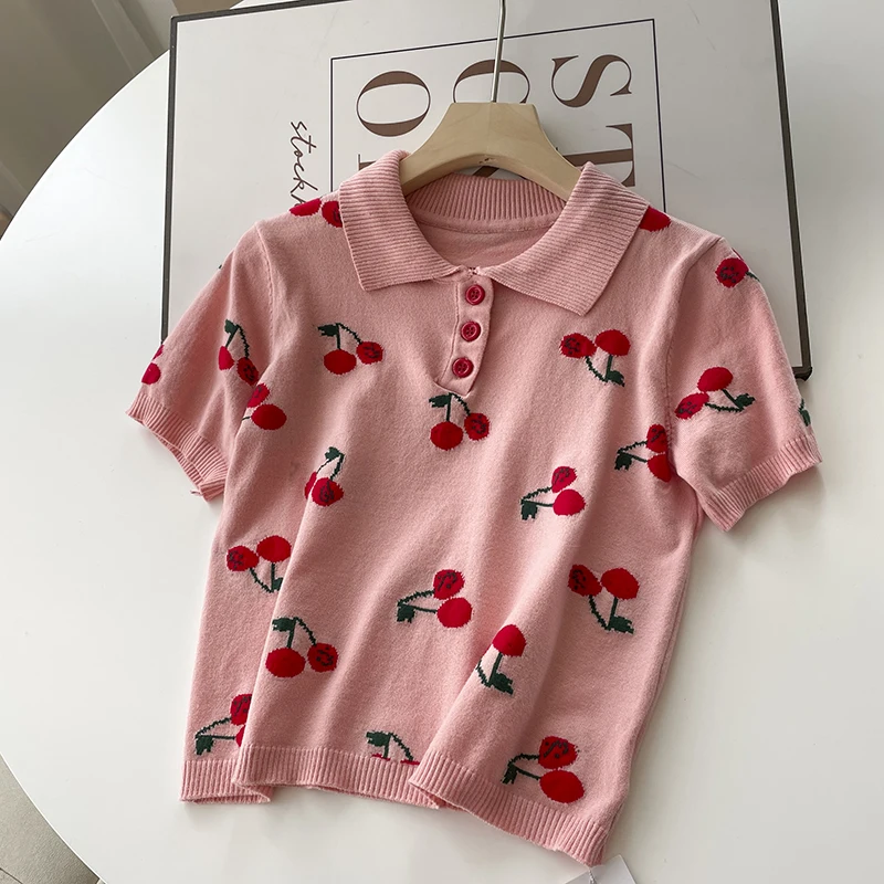 

Women's Short Sleeve Cherry Pullover O-neck T-shirts FY001