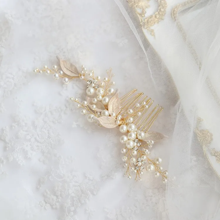 

Gold Color Pearls Hair Jewelry Bridal Comb Leaf Headpiece Handmade Wedding Accessories Women Hair Ornament