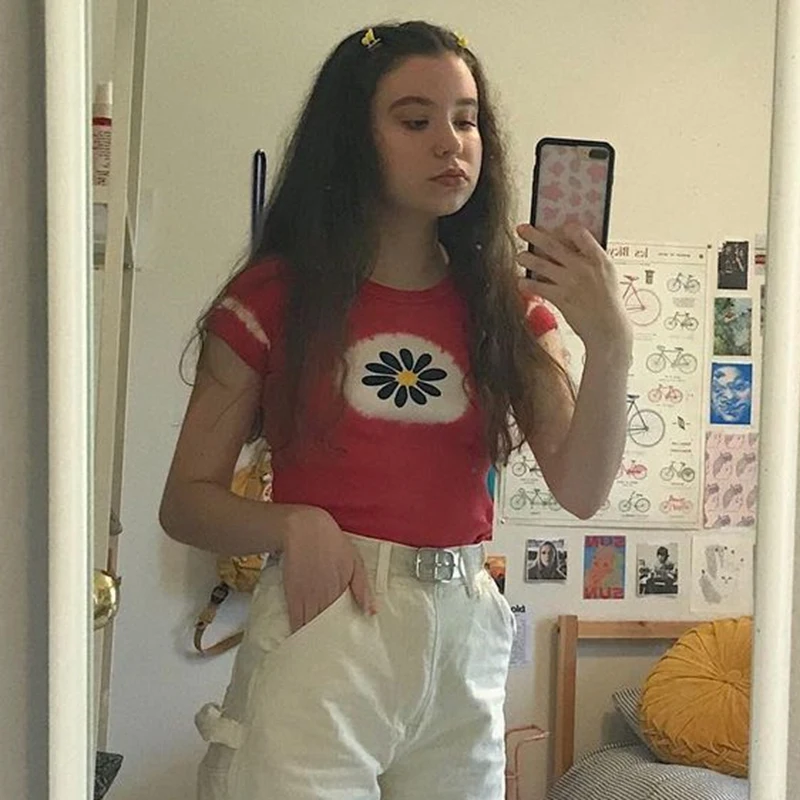 

Printed Crop Top y2k Knitted T Shirt Harajuku Tee Top Short Sleeve Tshirt O Neck Pullovers Women Casual Cute Top 90S