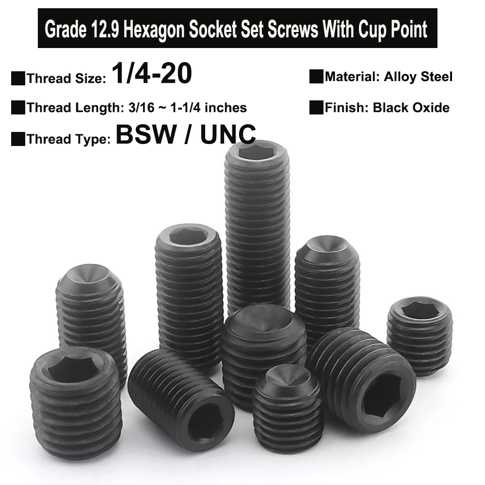 

10Pcs 1/4-20x3/16"~1-1/4" BSW / UNC Grade 12.9 Alloy Steel Hexagon Socket Set Screws With Cup Point Headless Screw Black Oxide