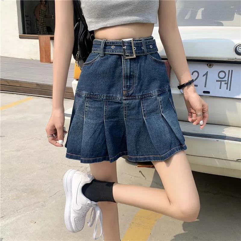 Винтажная джинсовая мини-юбка в стиле Харадзюку с оборками женская модная