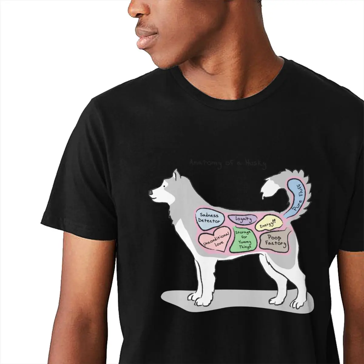 Мужская футболка с рисунком анатомии хаски мягкая коротким рукавом и круглым