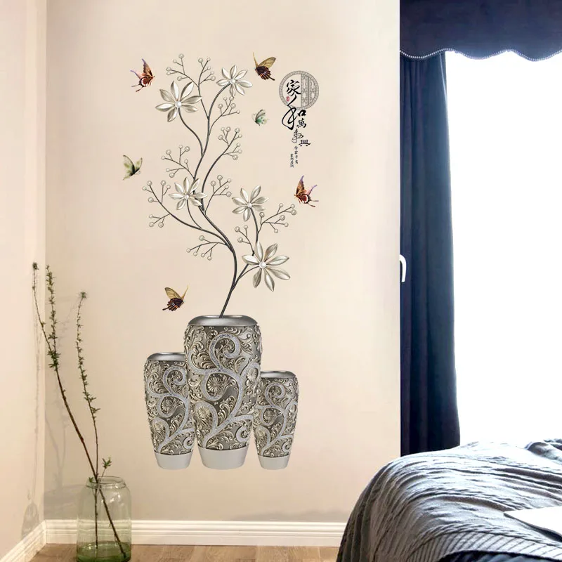 58*118cm Silver Vase Flower Wall Stickers Art Butterfly Tree Home Decor Vinyl DIY Decals Potted Plant Rooms Decoration | Дом и сад