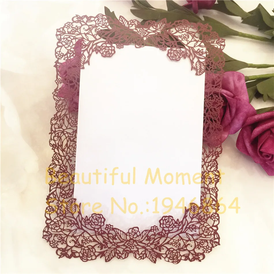 12x17cm 20pcs laser cutting Rose design delicate paper invitation card wedding table menu card with printable black inner card