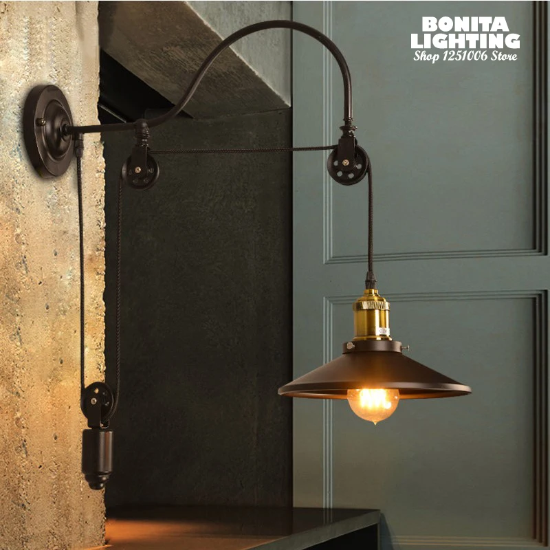Винтажный настенный светильник Эдисона медный Железный шкив подъемный