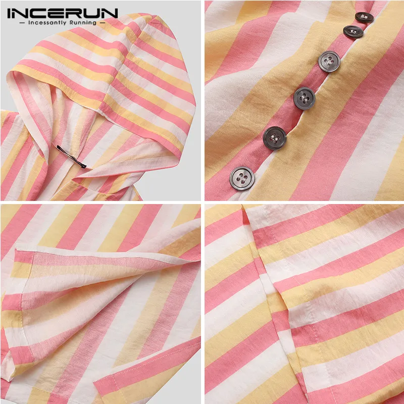 

INCERUN 2021 Fashion Stripes Muslim Robes Men 3/4 Sleeve V Neck Jubba Thobe Man Leisure Button Hooded Abaya Dubai Clothing S-5XL