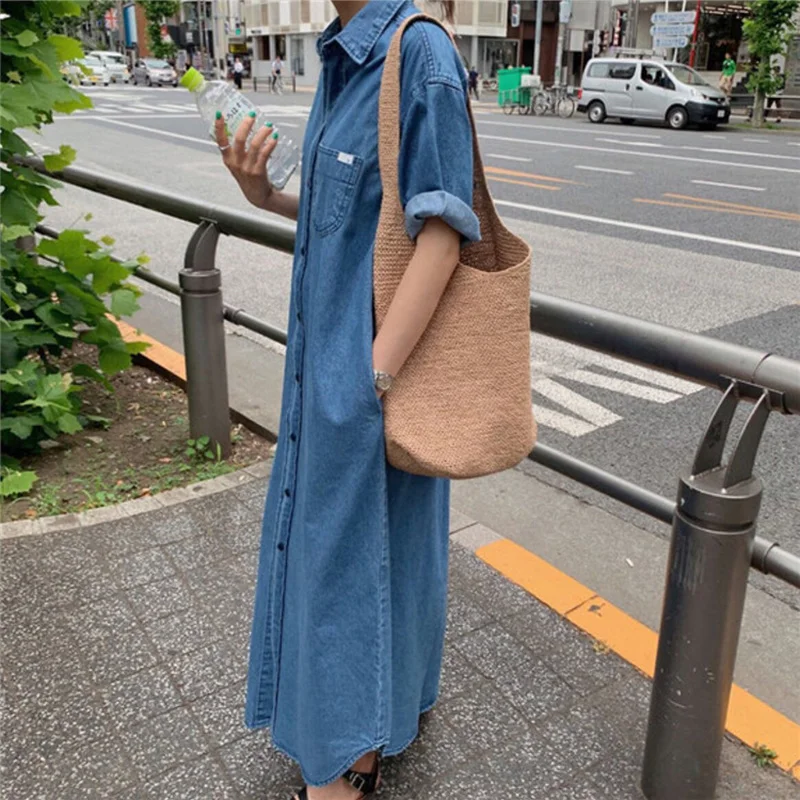 Женское винтажное джинсовое платье повседневное однобортное Свободное длинное