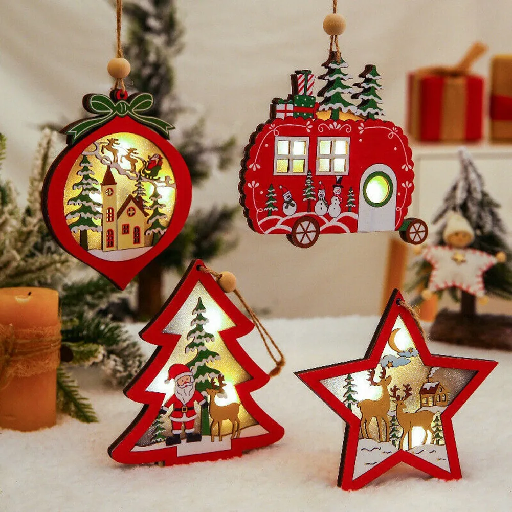 

1pcs Christmas Ornament LED Light Wooden Hanging Pendants Santa Claus Xmas Tree Bell Christmas Decorations For Home Navidad