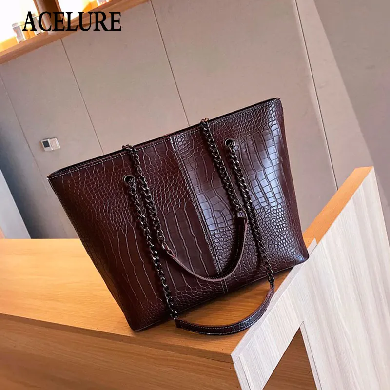 

ACELURE Solid Color Alligator PU Leather Casual Tote for Women Soft Large Metal Chain Shoulder Crossbody Bag Ladies Shopping Bag
