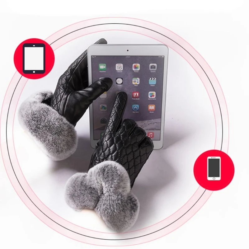 

Women Winter Artificial Leather Touch Screen Gloves Cute Furry Wrist Thicken Plush Lining Thermal Warm Texting Driving Full Fing