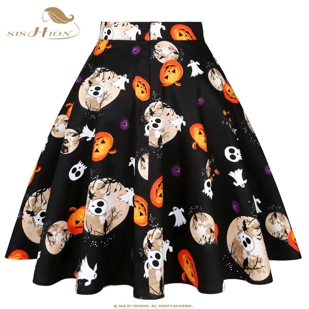 

SISHION Summer Flare A Line Skirts Womens faldas VD0020 Black Skull Pumpkin Printed Vintage Cotton Halloween Party Women Skirt