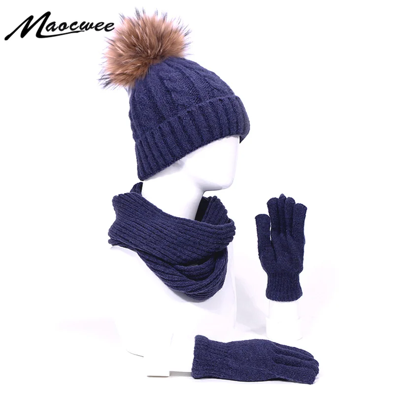 

Autumn And Winter Pompon Beanie Hat Scarf Gloves Three-piece Set Unisex Warm Outdoor Sport Thick Hat For Men And Women Real Fur