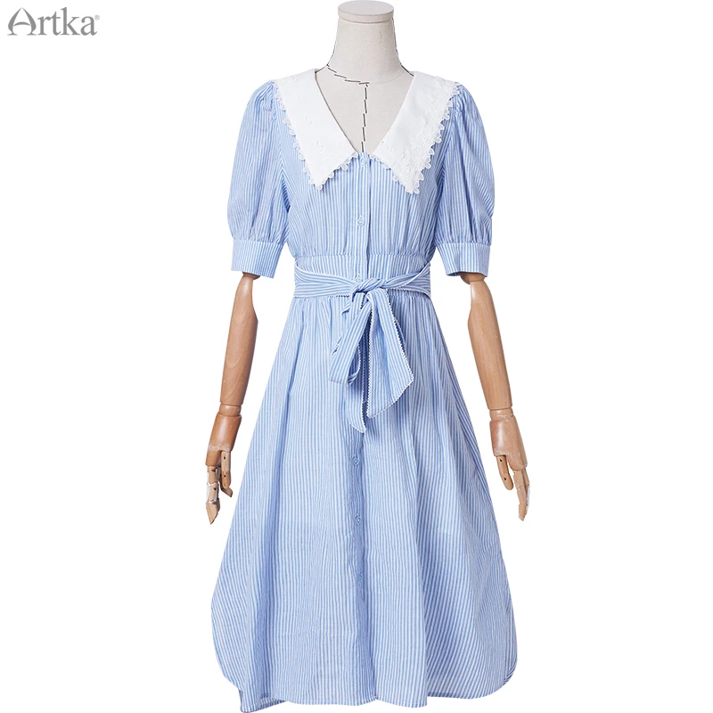 

ARTKA 2020 Summer New Women Dress French Vintage Puff Sleeve Blue Striped Dresses Elastic Waist V-Neck Dress With Sash LA21208X