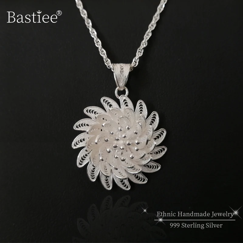 Bastiee Hmong 999 Sterling Silver Flower Pendant for Women Luxury Handmade Jewelry Big Necklace Pendants Vintage Miao Silver