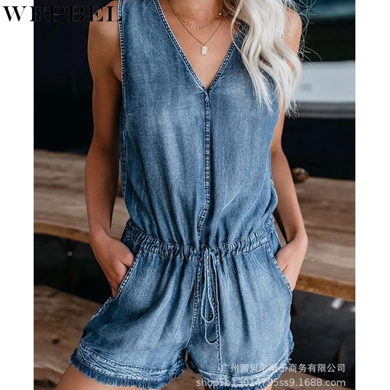 

WEPBEL Fashion V-neck Playsuits Women's Casual Solid Color Pocket Denim Playsuits Summer Lace-up Slim Straight Playsuits