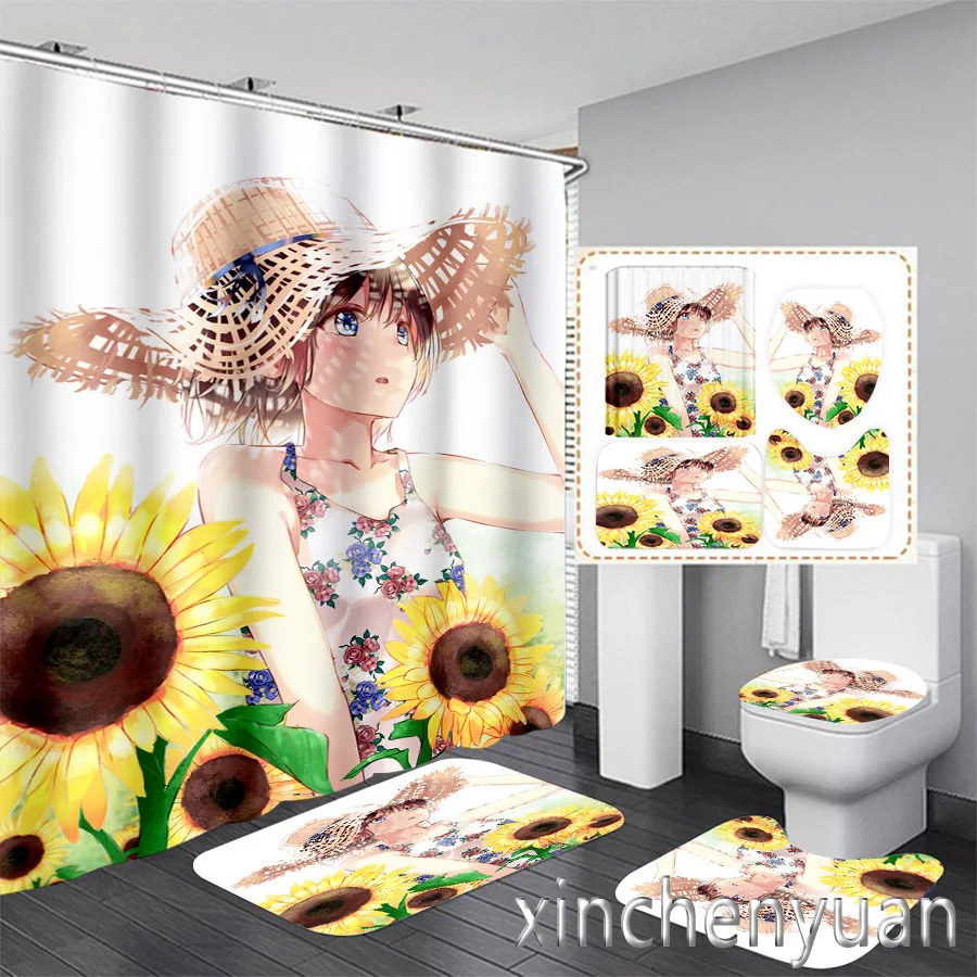 Занавеска для ванной комнаты Sunflower 3D Printing, водонепроницаемая, с крышкой для унитаза, антискользящий коврик для пола (1/3/4 шт.), размер W21.