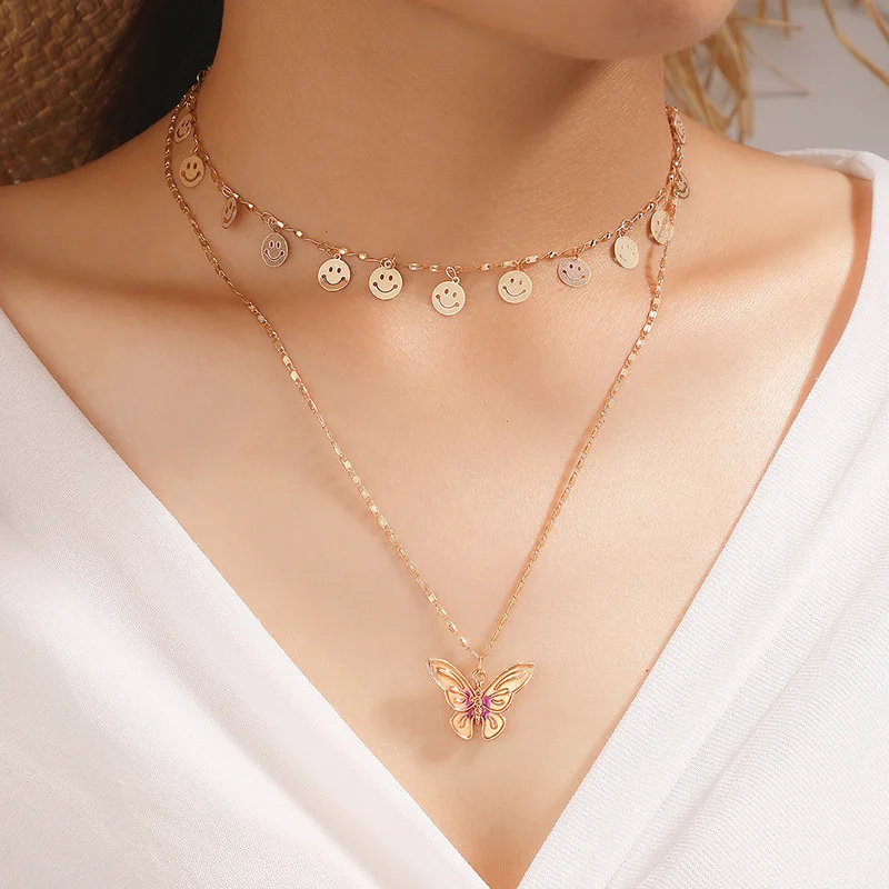 

Modern 2 layers Alloy Gold Plating Sequin Choker Long Chain Butterfly Pendant Necklace