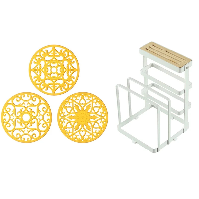 

3 набора, Силиконовый Многофункциональный замысловатый резной коврик и 1 металлический блок для ножей и разделочной доски, кухонный держате...