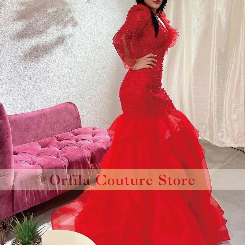 

2021 Aso Ebi Mermaid Evening Dress Beading African Style Longsleeves Red Women Formal Prom Gowns