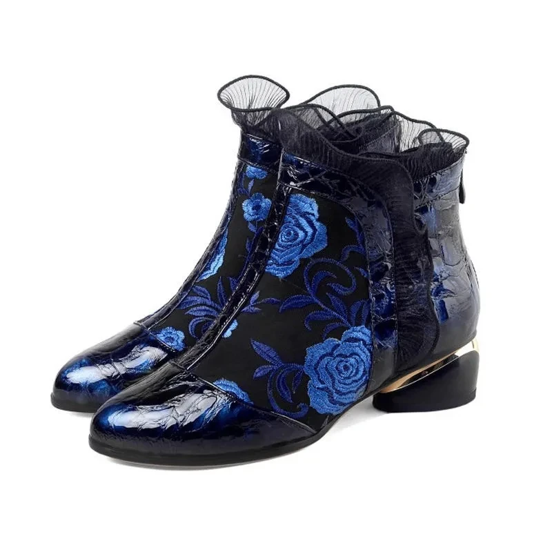 

Black Blue Thick High Heel Ankle Boots Women 2022 Pointed Toe Keep Warm Elegant Short Lace Booties Ladies Ankle Decoration