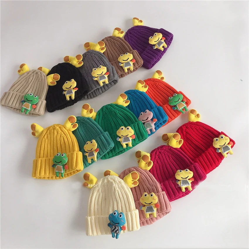 

Children's wool hat warm and windproof lovely little frog melon skin hat candy color autumn and winter baby ear protection wool