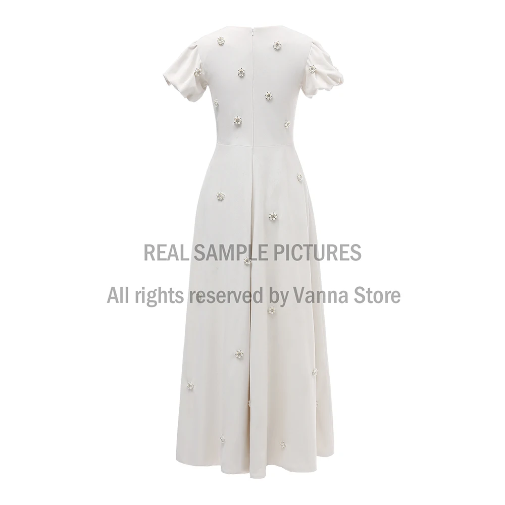 

Velvet Pearl Short Sleeve Bridal Gown Front Split A Line Simple Custom Made Floor Length V-Neck Floral Beads Wedding Party Dress