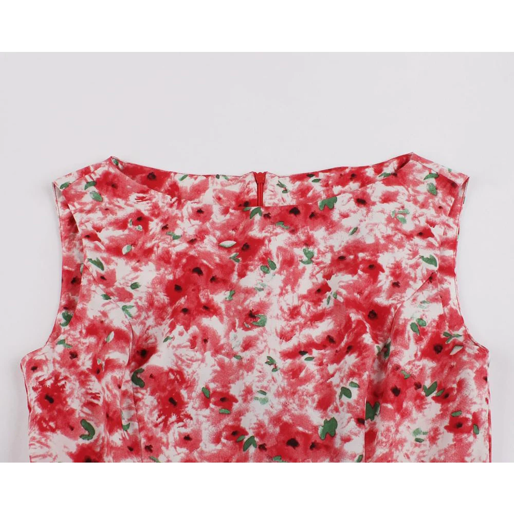 

Plus Size vintage dress female summer new red floral print dresses sleeveless ladies big swing knee-length dress SP1121