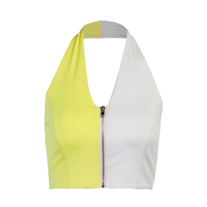

Summer Women Tank Color Block Sleeveless Zipper V Neck Sexy Tank Top