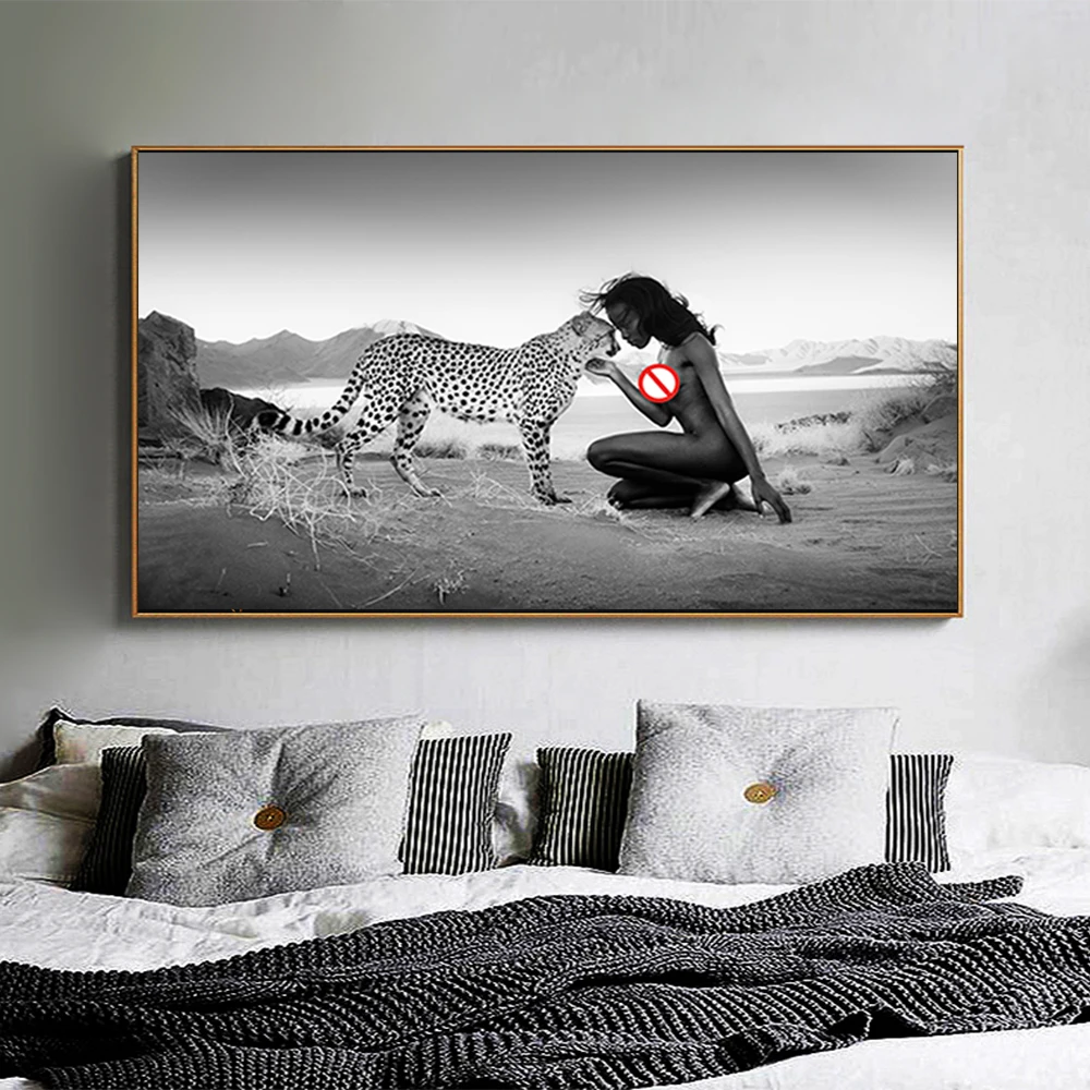 

Black and White Natural Landscape Canvas Painting Wall Art Leopard and Nude Women Posters Prints for Living Room Home Decoration