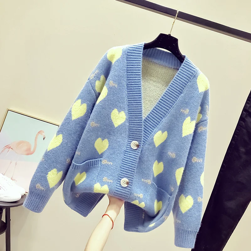 Women Casual winter Knit Jacket and Coats V neck Button Sweaters Sweet Heart Cardigans Loose Female |