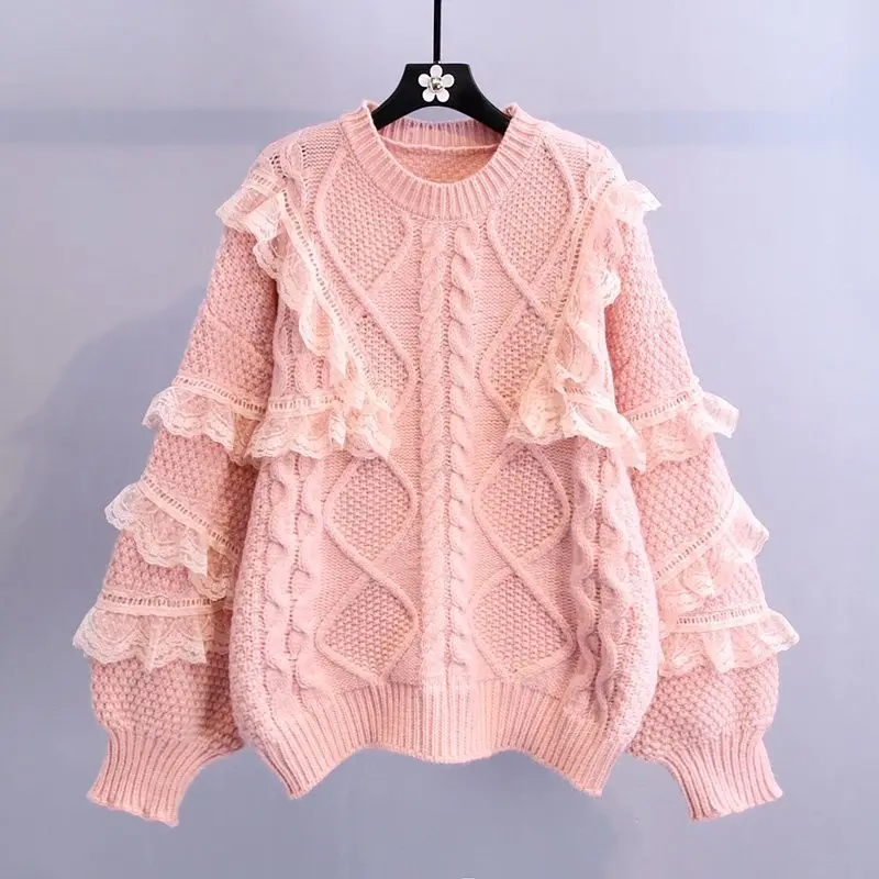 

Lace Stitched Sweater Women's Loose 2021 New Autumn And Winter Thickened Twist Pullover Knitted Top
