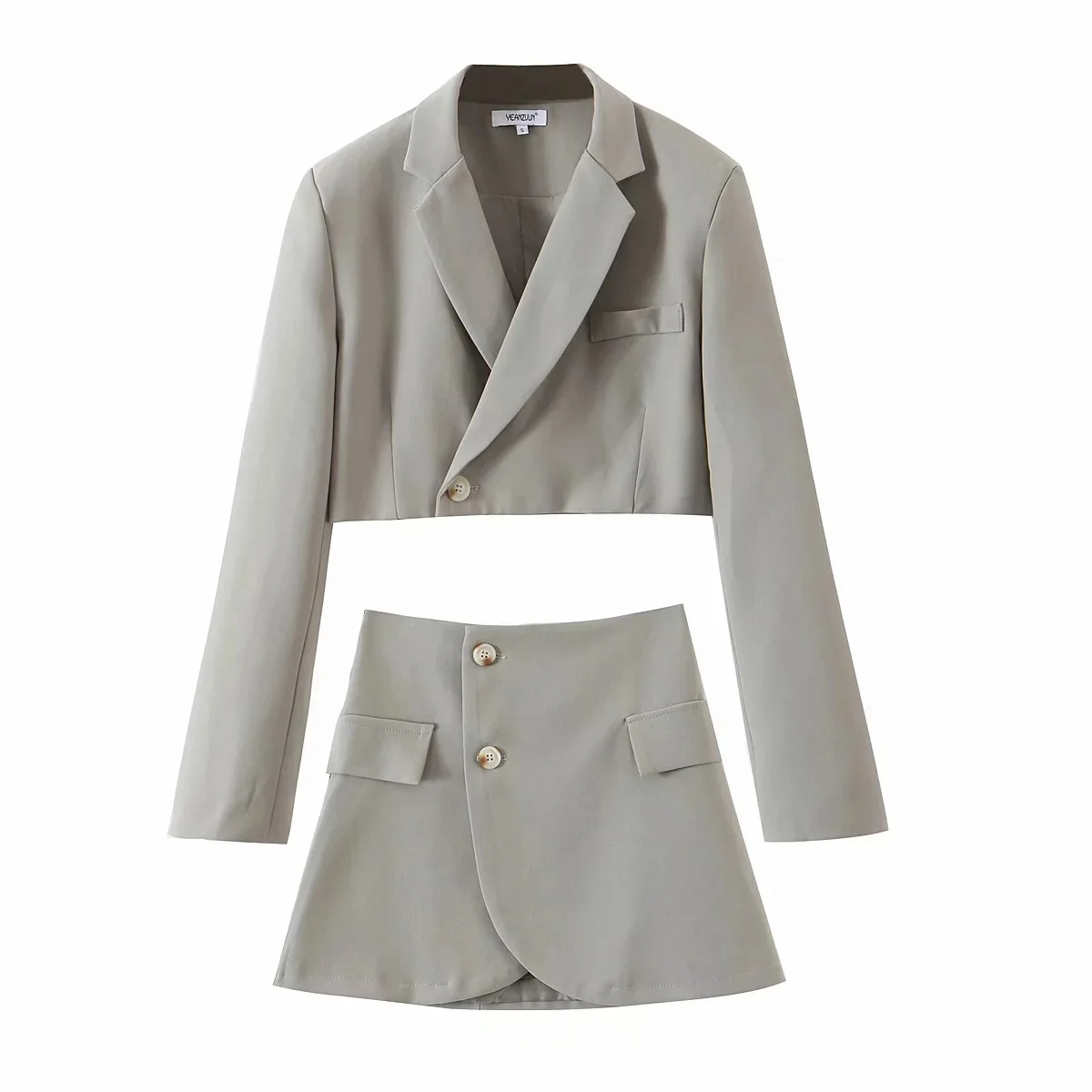 

Fall 2021 Women Suit Skirt Fashion Solid Color Slim Long Sleeve Ladies Short Jacket Blazer Elegant High Waist Mini Skirt Gray